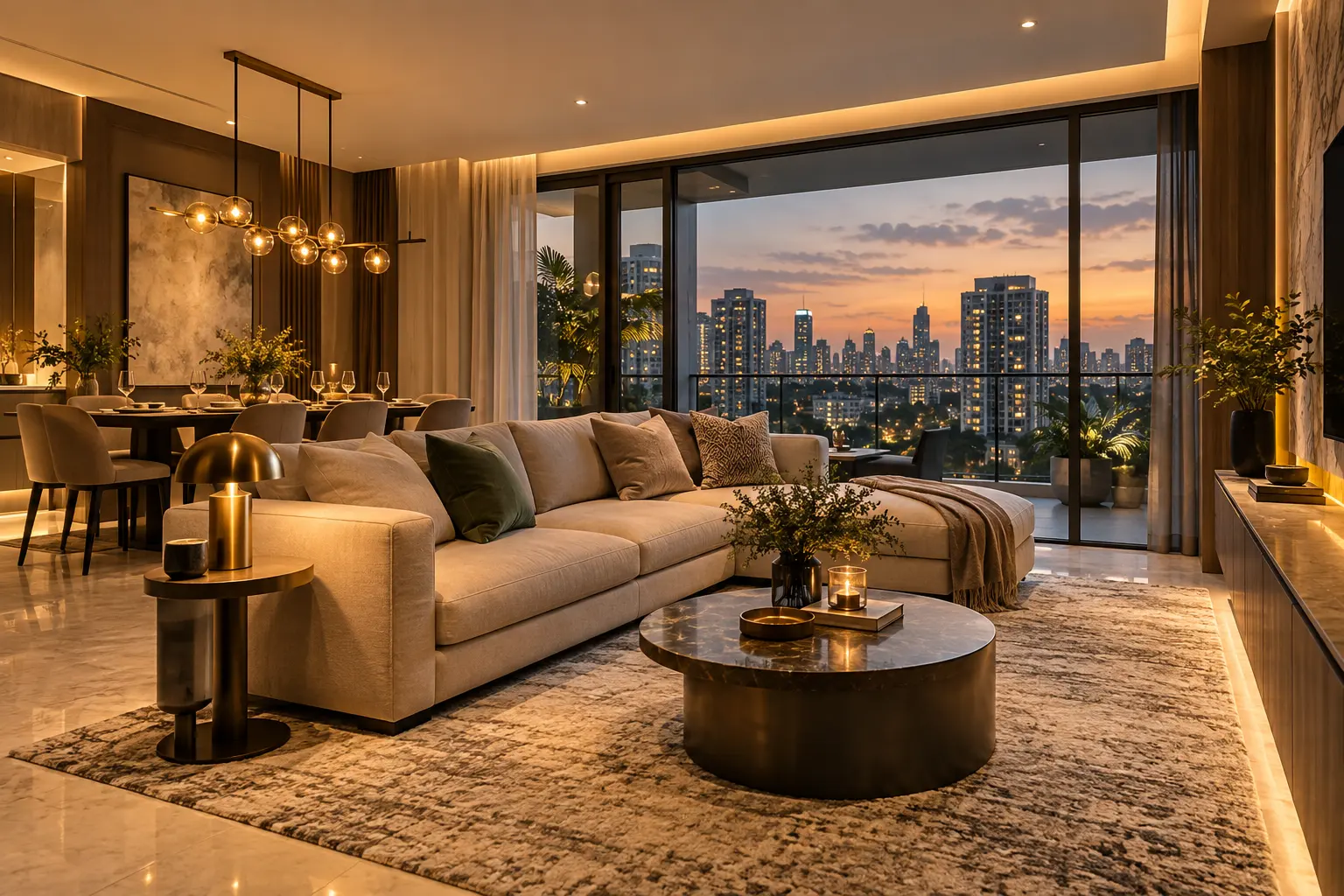 A furnished condominium showflat with a living and dining area and a balcony view of the city at dusk