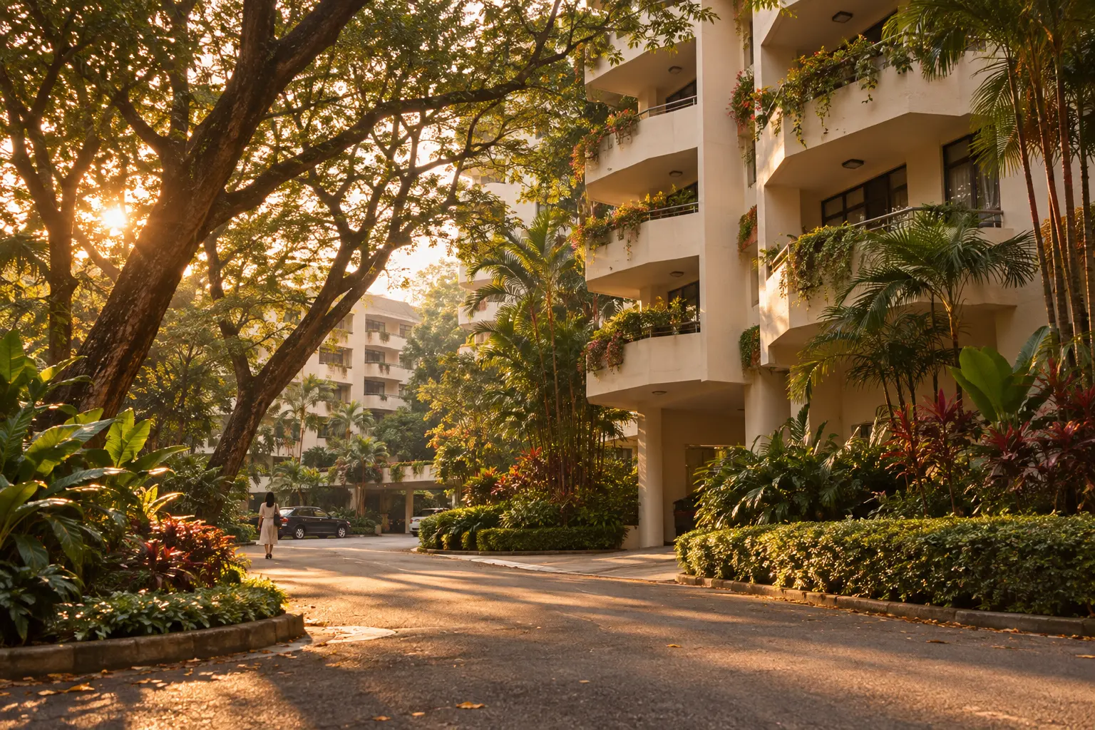 An older low-rise Singapore condominium with balconies and mature trees, the kind of estate that attracts en bloc interest