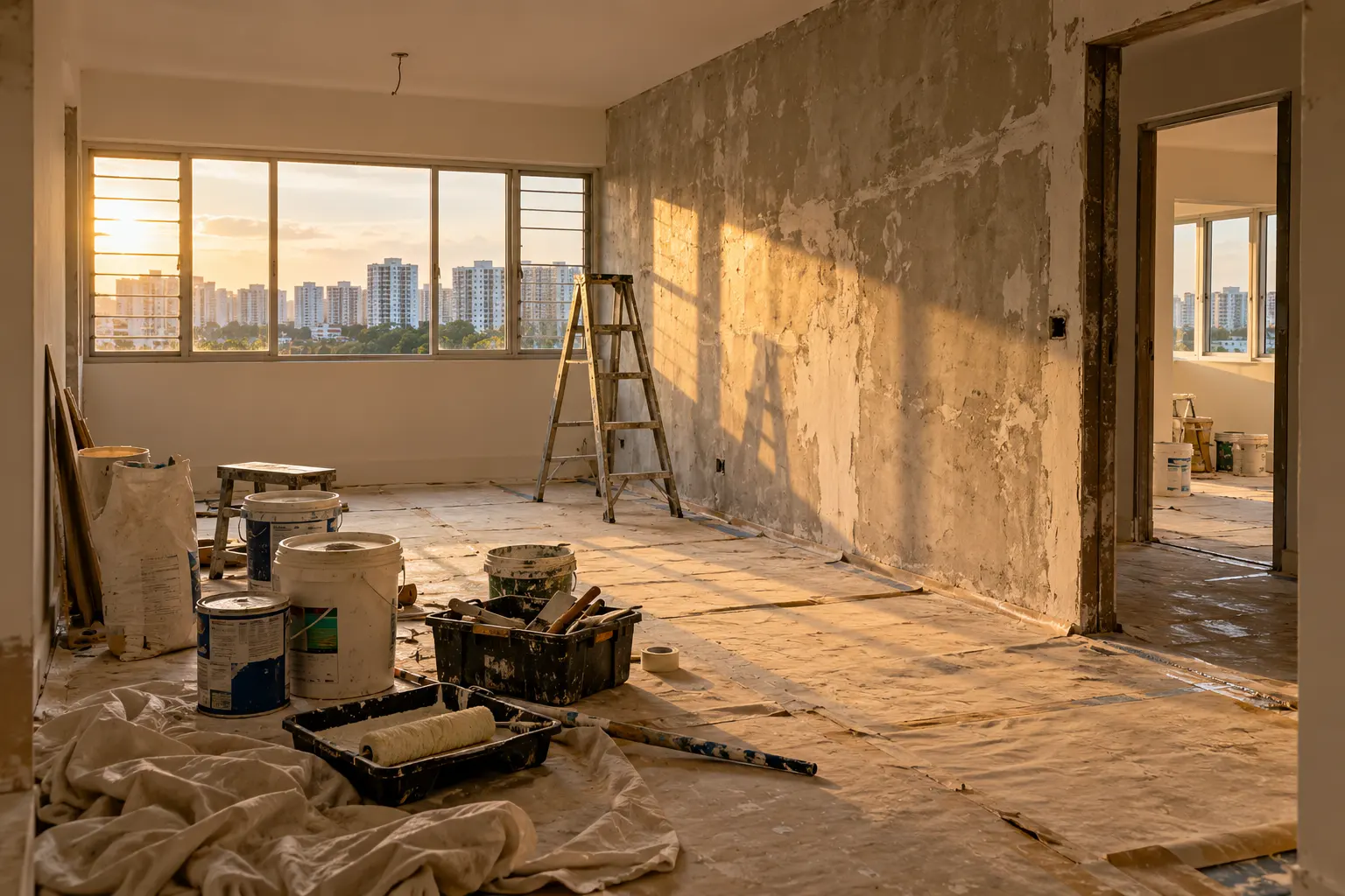 Empty HDB flat under renovation, with paint tins, a ladder and a view of nearby blocks