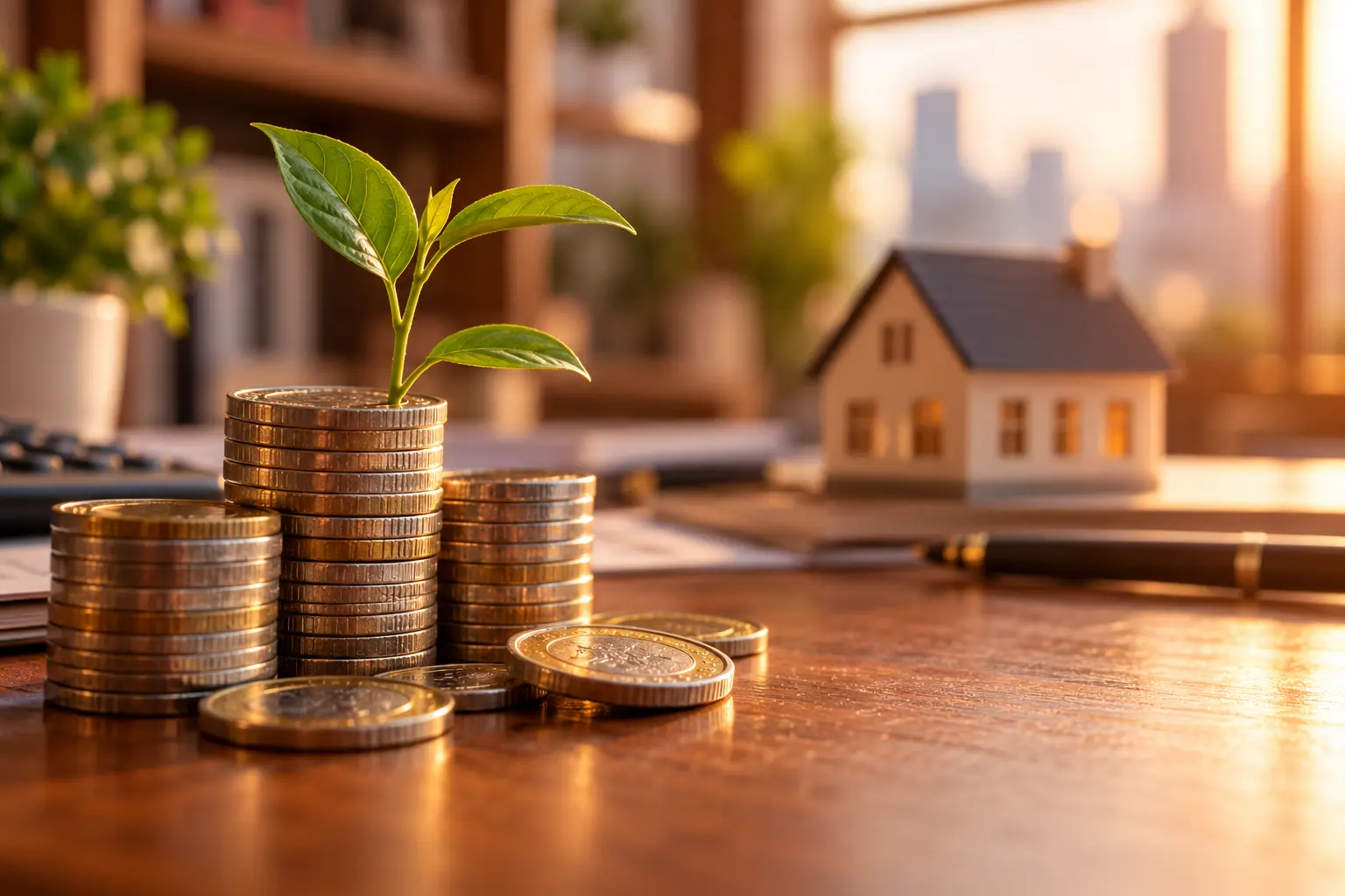 Stack of coins with a small plant growing from the top