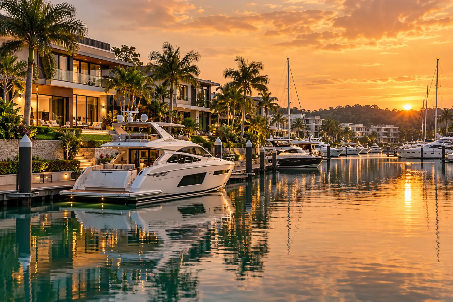 Waterfront homes and moored yachts at Sentosa Cove, Singapore