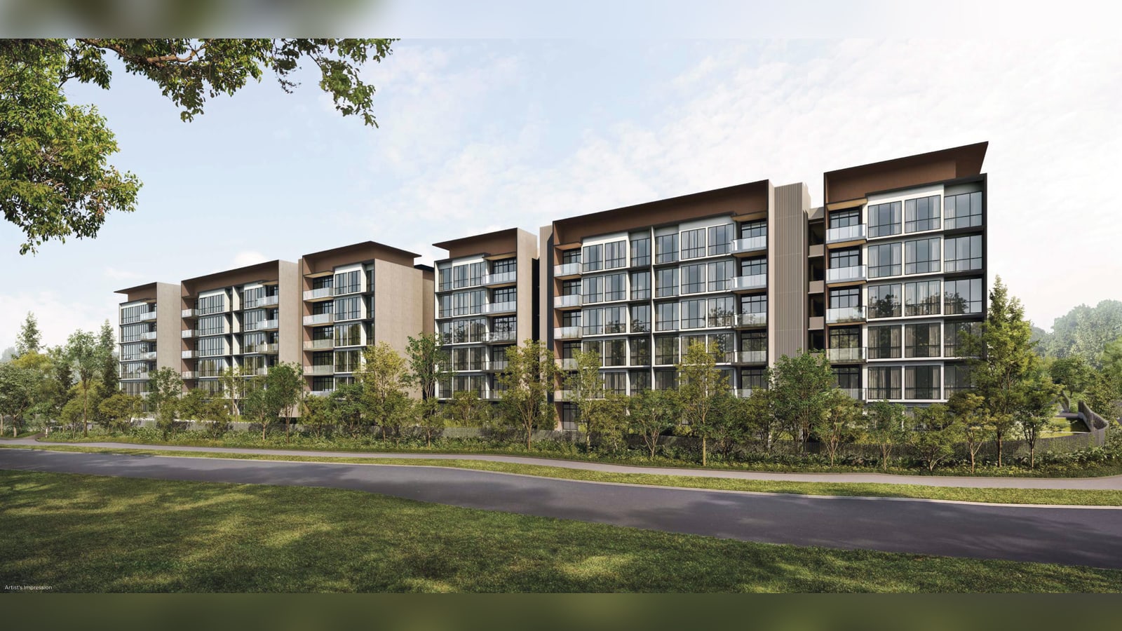 Artist's impression of Amberwood at Holland: the low-rise residential blocks seen from the park beside Holland Link