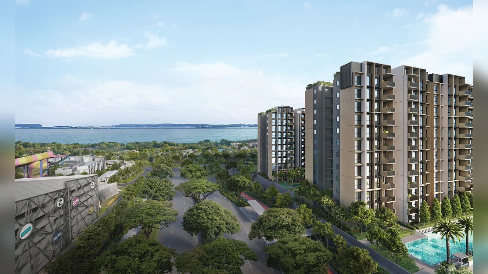 Artist's impression from above of the residential blocks of Coastal Cabana and their pool, with the sea and Downtown East behind