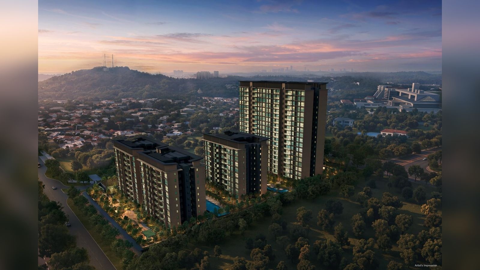 Artist's impression of the whole development: three 10-storey blocks and two 19-storey towers of Dunearn House at dusk, with the Bukit Timah hill behind