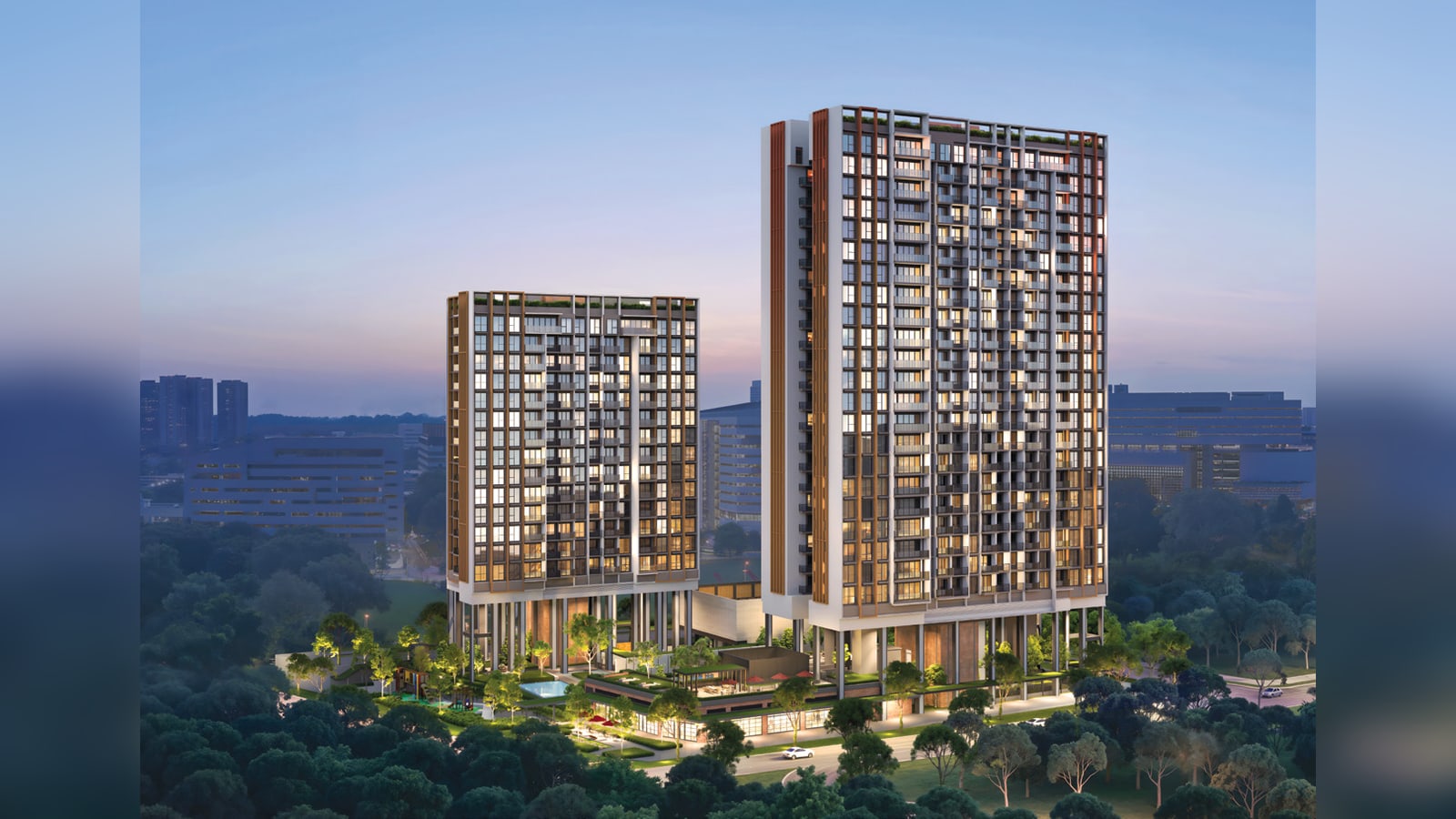Artist's impression of the whole development: the 15-storey and 23-storey towers of Hudson Place Residences raised above a landscaped podium in one-north