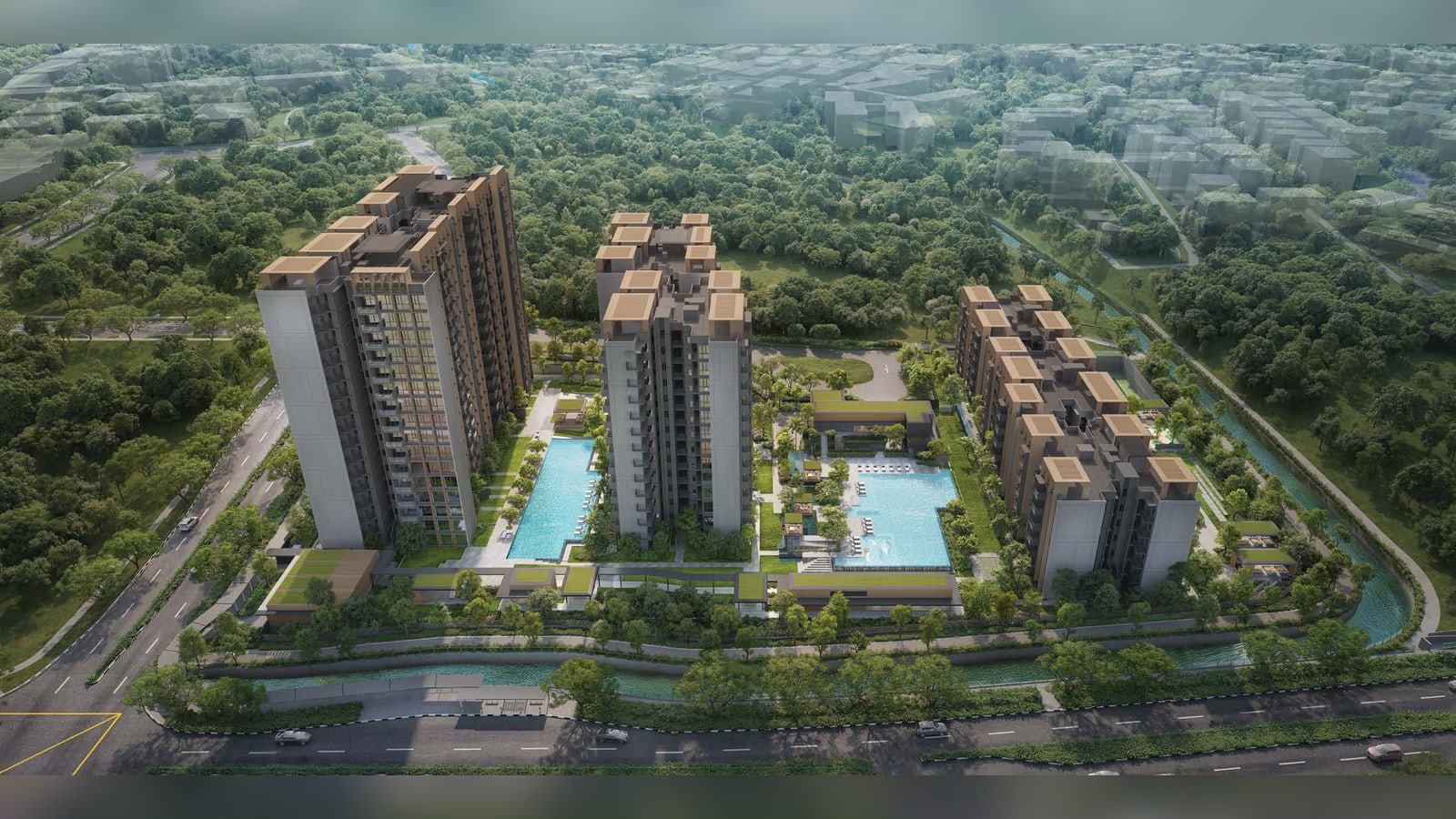 Artist's impression from above of the whole development: Narra Residences' tall towers and lower blocks around the pools, beside a canal and the forest