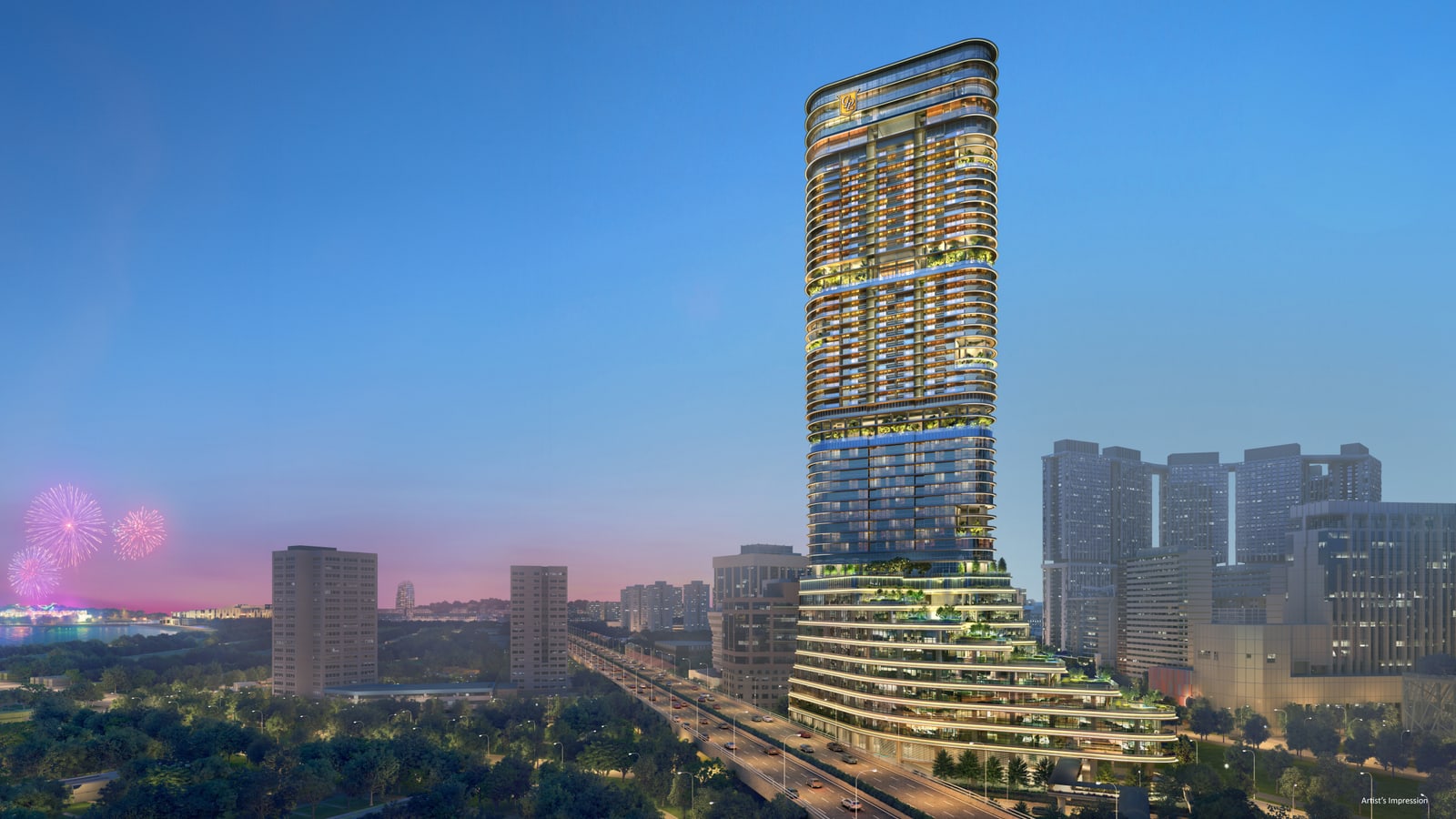 Artist's impression of the whole development: the 45-storey Newport Plaza tower rising above its terraced podium beside the expressway at dusk, Tanjong Pagar