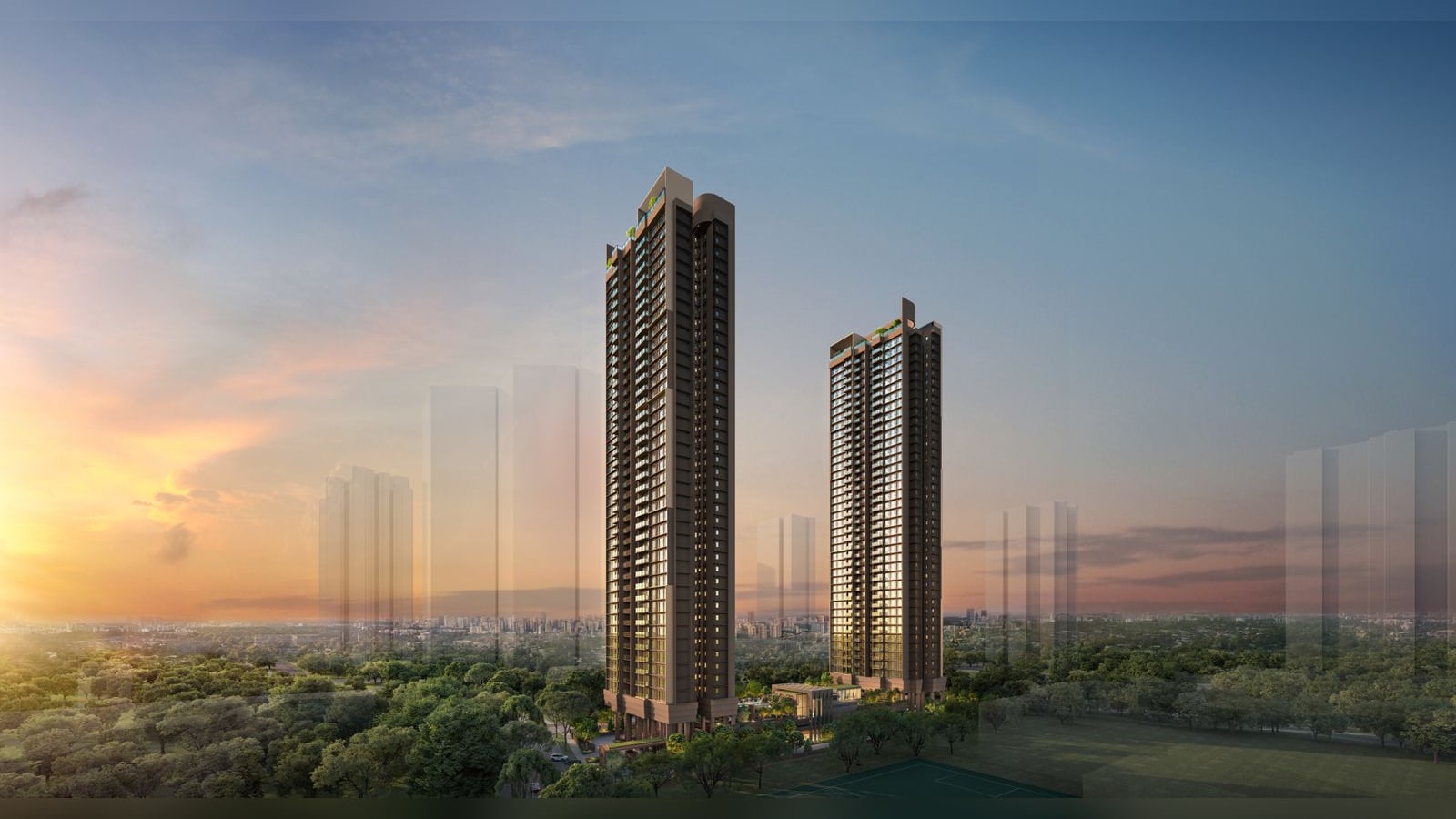 Artist's impression of the whole development: the two 40-storey Penrith towers above the tree canopy at sunset