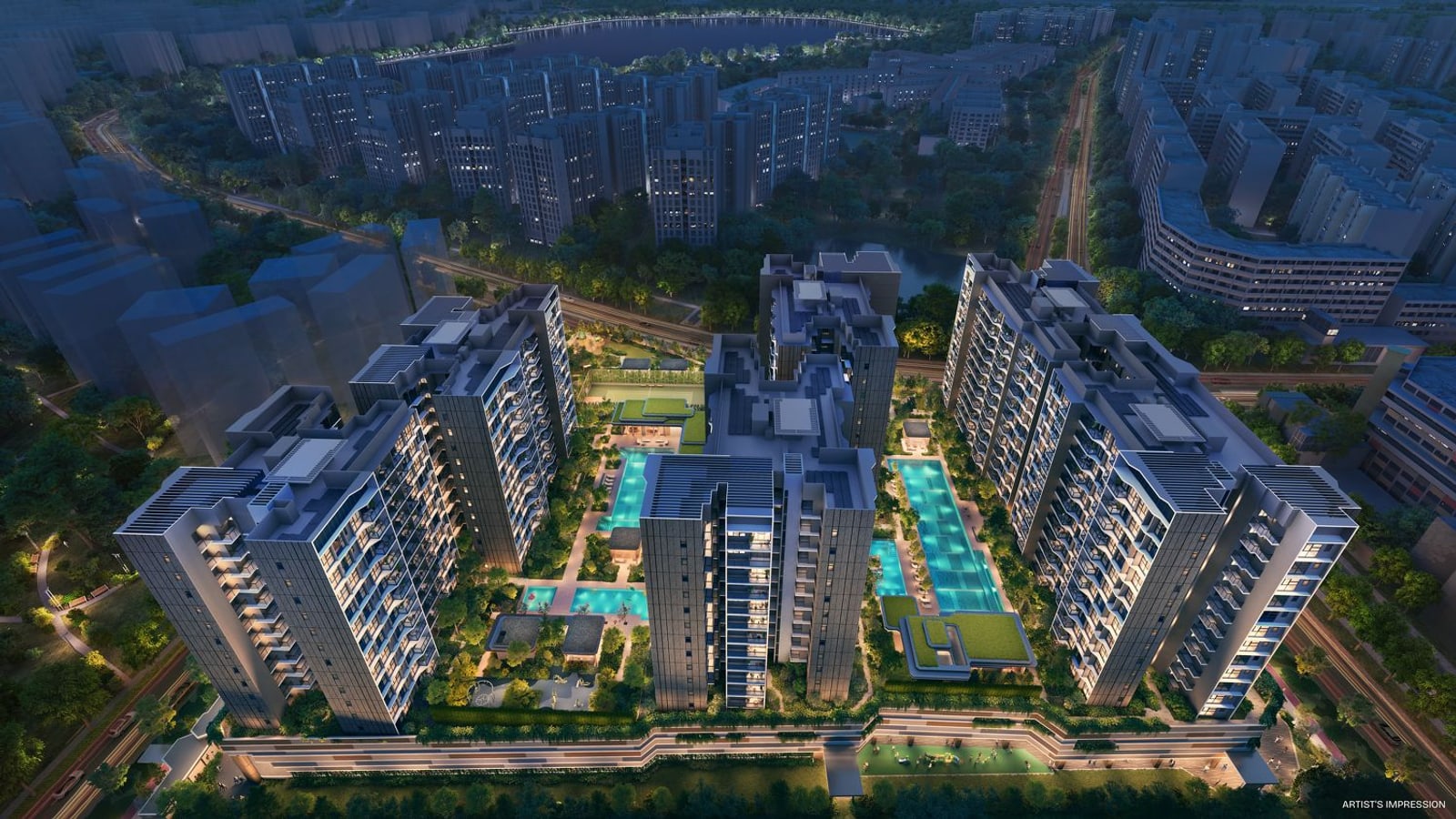 Artist's impression of the whole development: an aerial view of the six residential blocks around the pool deck, with Bedok Reservoir behind