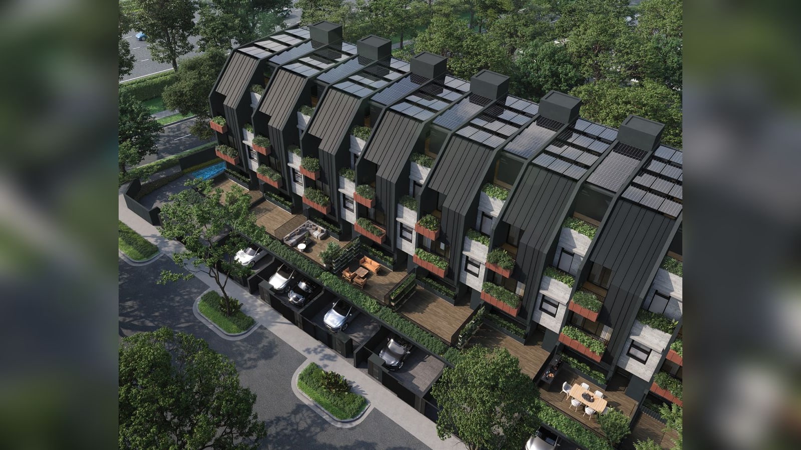 Artist's impression of a terrace row of Pollen Collection II from above: dark gabled houses with rooftop solar panels, planted terraces and car porches