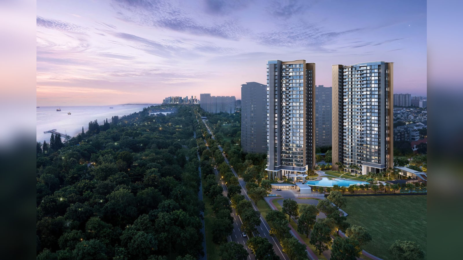 Artist's impression of the whole development: the two 31-storey towers of Vela Bay beside the sea at Bayshore
